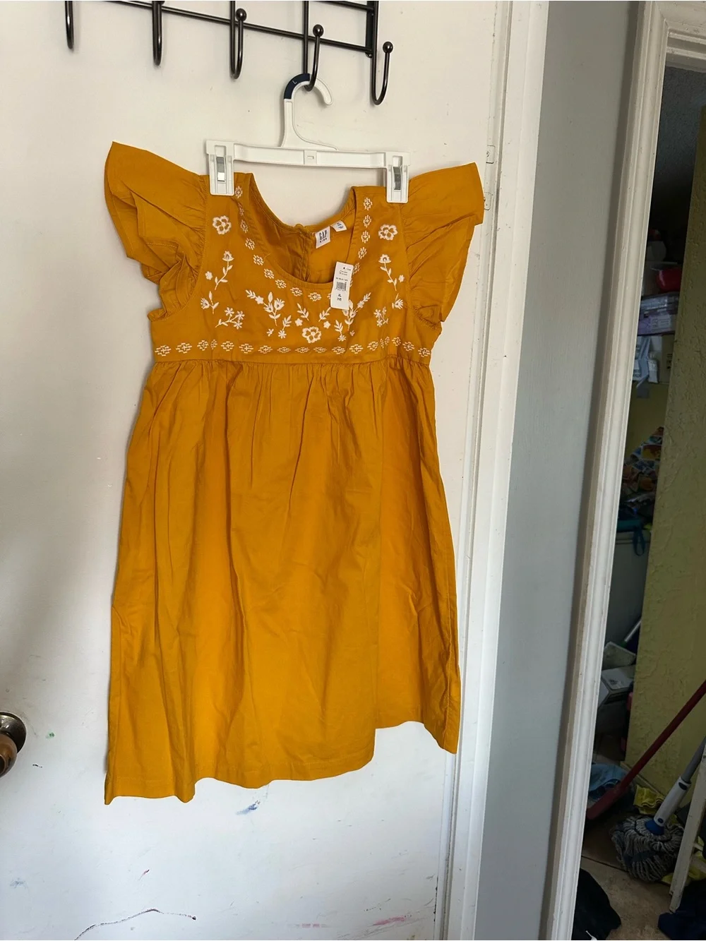 GAP Girls Mustard Embroidered Flutter-Sleeve Dress